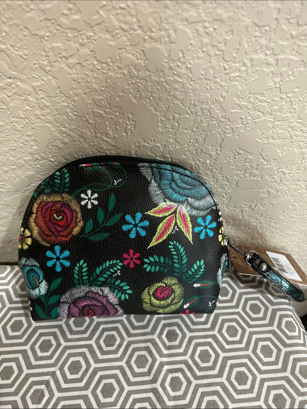 Justin Boots Black Floral Embroidered Cosmetic Wristlet
